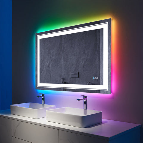 48" x 32" Rectangular Frameless Anti-Fog RGB Backlit & LED Frontlit Bathroom Vanity Mirror