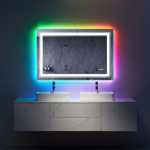 36" x 48" Rectangular Frameless Anti-Fog RGB Backlit & LED Frontlit Bathroom Vanity Mirror