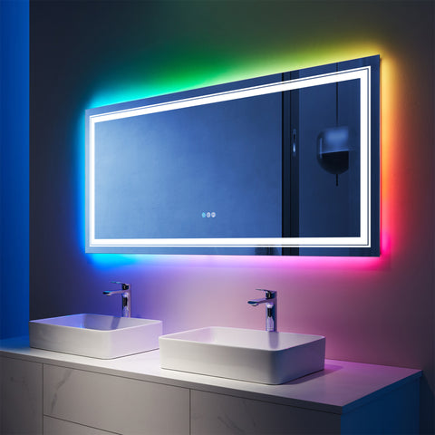 55" x 30" Rectangular Frameless Anti-Fog RGB Backlit & LED Frontlit Bathroom Vanity Mirror