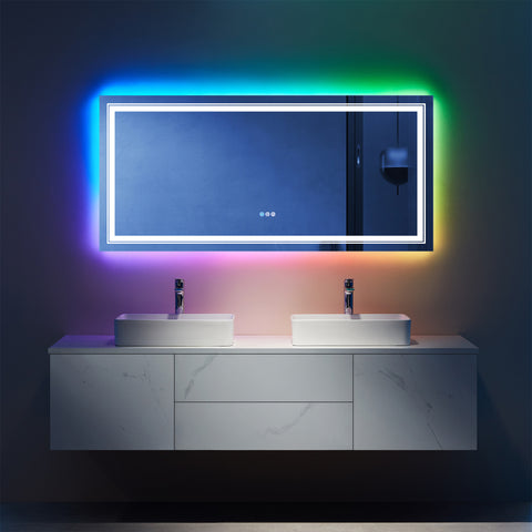 60" x 28"Rectangular Frameless Anti-Fog RGB Backlit & LED Frontlit Bathroom Vanity Mirror