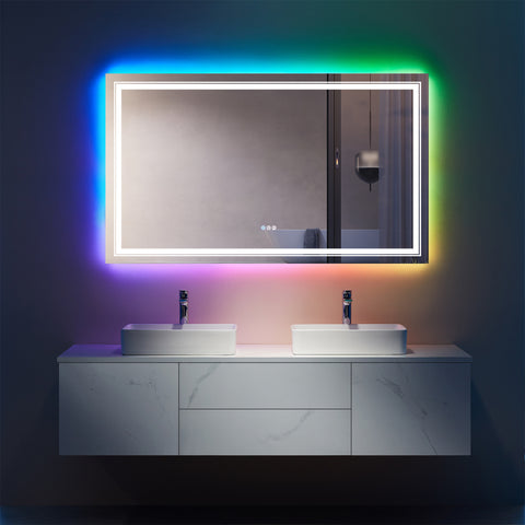 60" x 36"Rectangular Frameless Anti-Fog RGB Backlit & LED Frontlit Bathroom Vanity Mirror