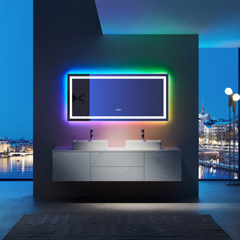 60" x 36"Rectangular Frameless Anti-Fog RGB Backlit & LED Frontlit Bathroom Vanity Mirror