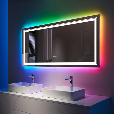 32" x 72"Rectangular Frameless Anti-Fog RGB Backlit & LED Frontlit Bathroom Vanity Mirror