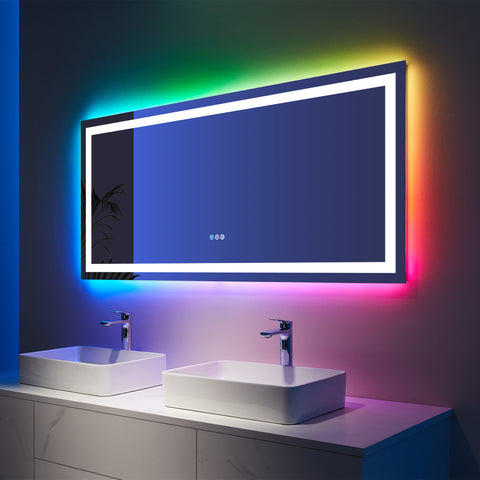 36" x 72"Rectangular Frameless Anti-Fog RGB Backlit & LED Frontlit Bathroom Vanity Mirror