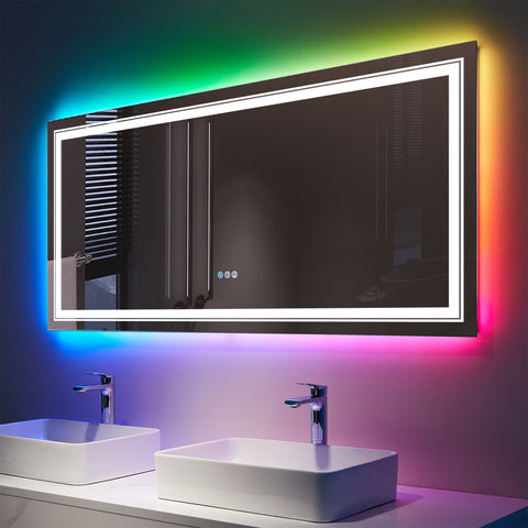 32" x 84"Rectangular Frameless Anti-Fog RGB Backlit & LED Frontlit Bathroom Vanity Mirror