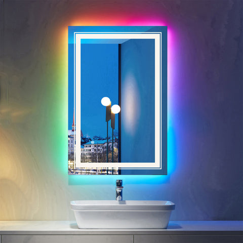 28" x 20" Rectangular Frameless Anti-Fog RGB Backlit & LED Frontlit Bathroom Vanity Mirror