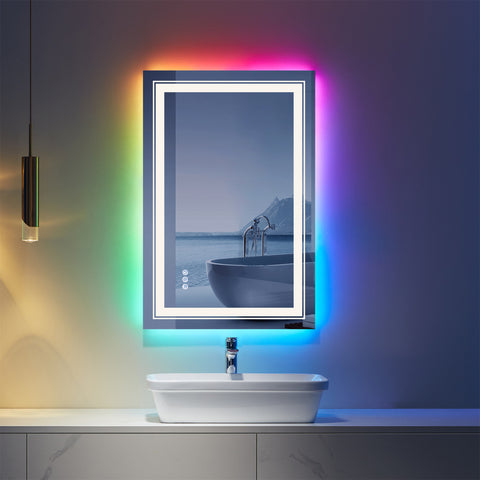 32" x 24" Rectangular Frameless Anti-Fog RGB Backlit & LED Frontlit Bathroom Vanity Mirror