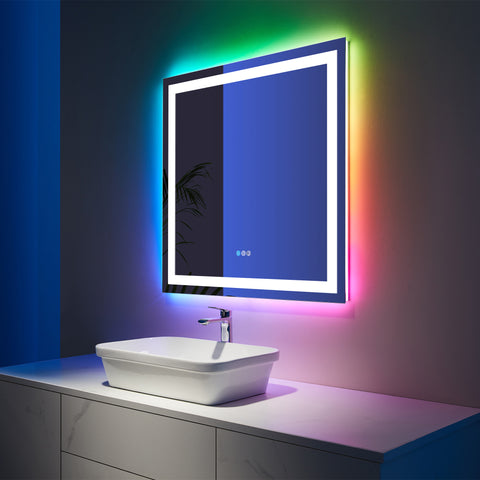 36" x 36" Square Frameless Anti-Fog RGB Backlit & LED Frontlit Bathroom Vanity Mirror