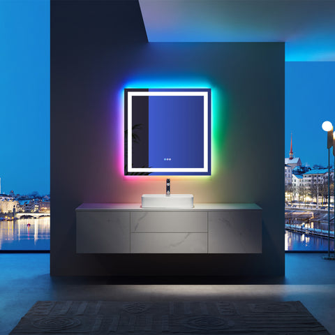 36" x 36" Square Frameless Anti-Fog RGB Backlit & LED Frontlit Bathroom Vanity Mirror