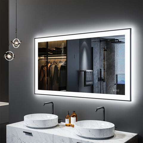 48" x 32" Rectangular Framed Dimmable LED Lighted Fog Free Bathroom Vanity Mirror