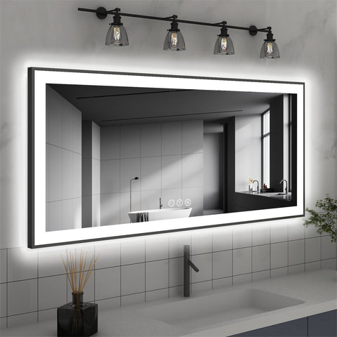 60" x 28" Rectangular Framed Dimmable LED Lighted Fog Free Bathroom Vanity Mirror