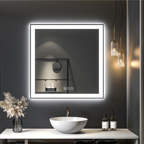 36" x 36" Square Framed Dimmable LED Lighted Fog Free Bathroom Vanity Mirror